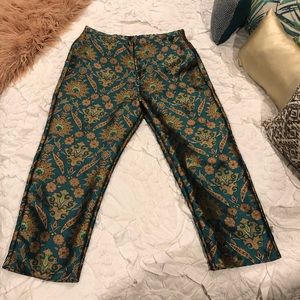 Anthropologie Teal and Gold Floral Trousers